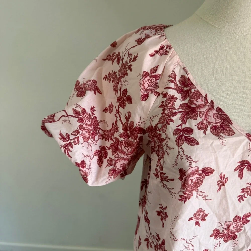 Banana Republic Pink Floral Toile Poplin Blouse Small Cottage Coquette Regency